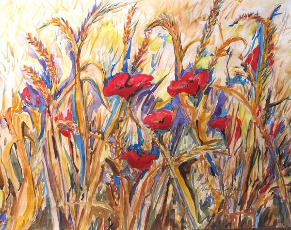 Wheat And Poppies Art Print featuring the painting Wheat and Poppies by Esther Newman-Cohen