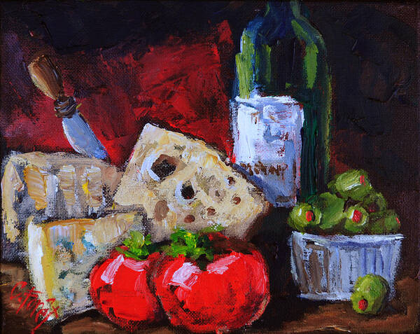 Wine Art Print featuring the painting Wine and Cheeses by Carole Foret