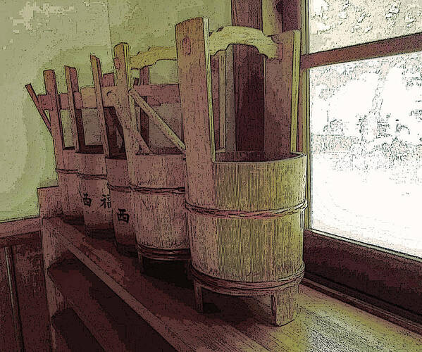 Wooden Art Print featuring the digital art Wooden Buckets all in a row by Tim Ernst