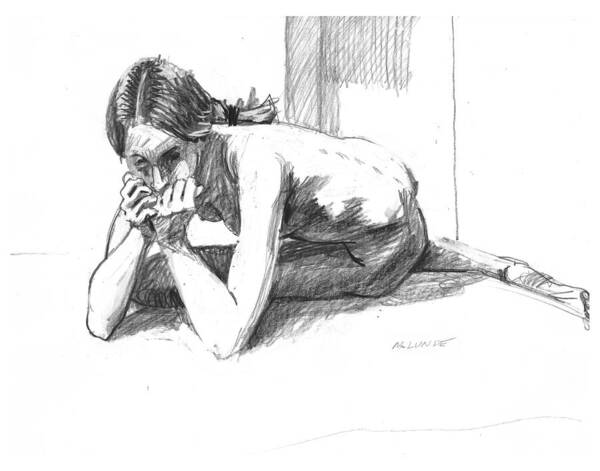 Thin Art Print featuring the drawing Worried Girl by Mark Lunde