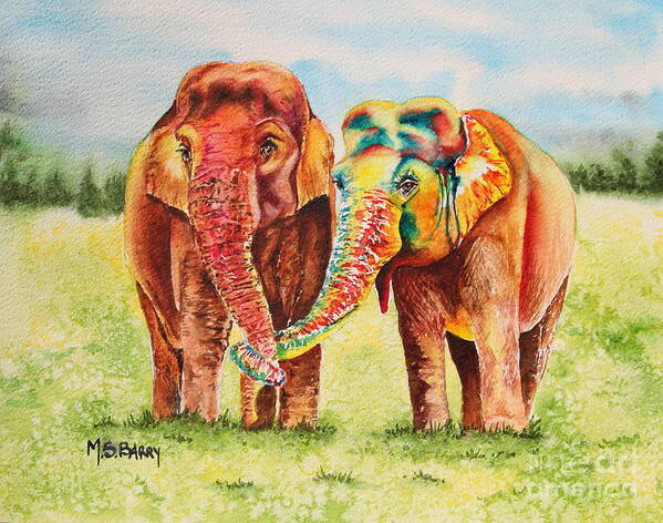 Asian Elephants. Indian Elephants. Colorful Elephants. Trunks Linked. Mammals Art Print featuring the painting You Color My World by Maria Barry