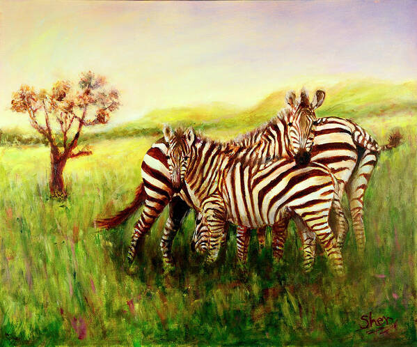 Zebra Art Print featuring the painting Zebras at Ngorongoro Crater by Sher Nasser