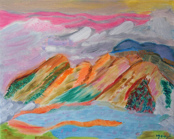 Landscape Art Print featuring the painting Mountains In The Clouds #1 by Meryl Goudey