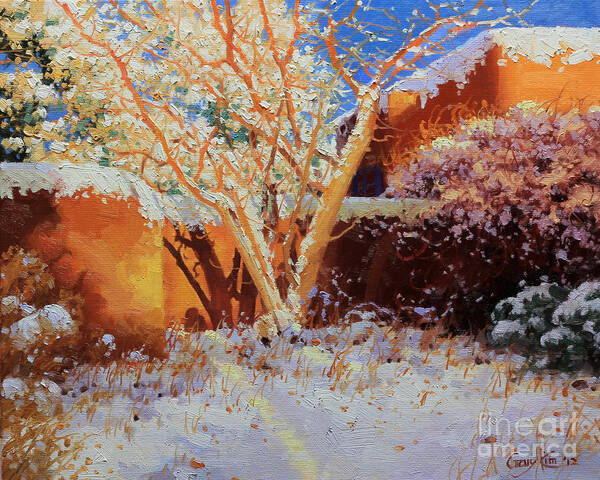Winter Art Print featuring the painting Adobe wall with tree in snow by Gary Kim