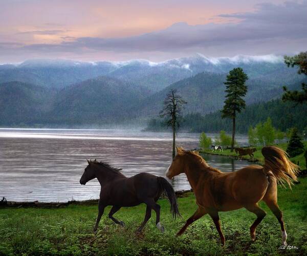 Horse Art Print featuring the digital art At The Lake by Bill Stephens