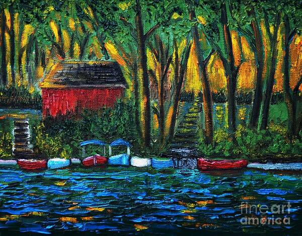 Boats Art Print featuring the painting Boat Dock in The Evening by Reb Frost