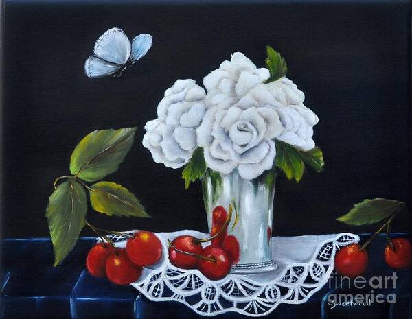 Still Life Art Print featuring the painting Cherries and Roses by Carol Sweetwood