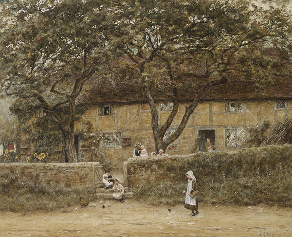 English; Landscape; C19th; C20th; Victorian; Child; Girl; Female; Family; Gate; Gateway; Chickens Art Print featuring the painting Children outside a Cottage by Helen Allingham