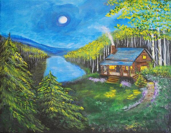 Log Cabin Art Print featuring the painting Cozy Cabin by Leslie Allen