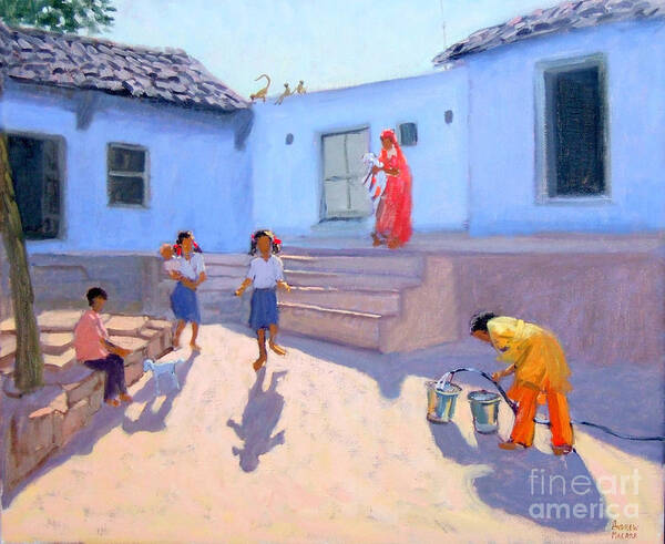 Indian Art Print featuring the painting Filling Water Buckets by Andrew Macara