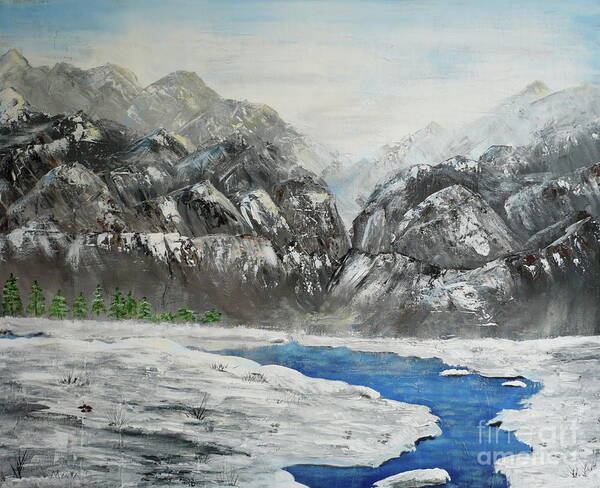 Mountain Art Print featuring the painting Mountain With Snowbank by Monika Shepherdson