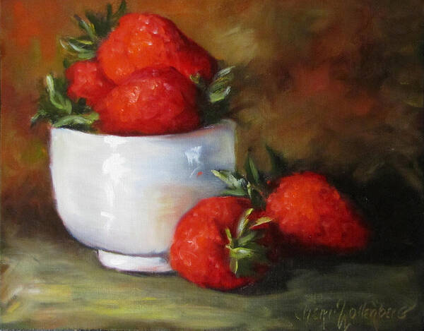 Strawberries Art Print featuring the painting Painting of Red Strawberries in Rice Bowl by Cheri Wollenberg