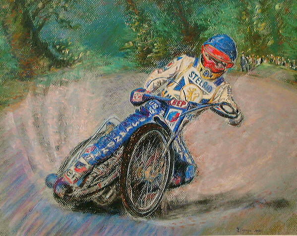 Richard Digance Art Print featuring the painting SPEEDWAY RIDER Edinburgh Monarchs by Richard James Digance