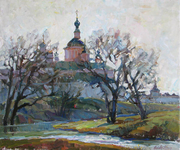 Church Art Print featuring the painting Spring morning by Juliya Zhukova