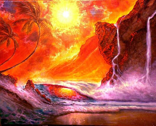Oil Paint Hawaii Seascape Waterfall Sunset Maui Kauai Art Print featuring the painting Sun Setting Hawaii by Leland Castro