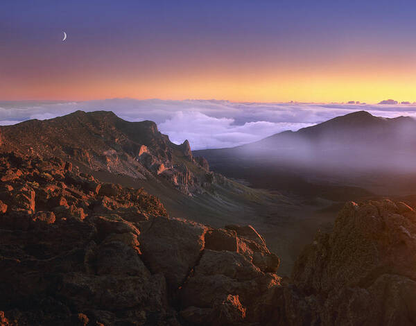 00176798 Art Print featuring the photograph Sunrise And Crescent Moon Overlooking by Tim Fitzharris