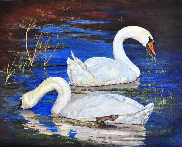 Swans Art Print featuring the painting Swan''s Salad by AnnaJo Vahle