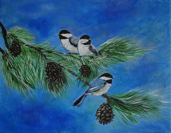 Chickadee Art Print featuring the painting Three Sweet Chickadees by Leslie Allen