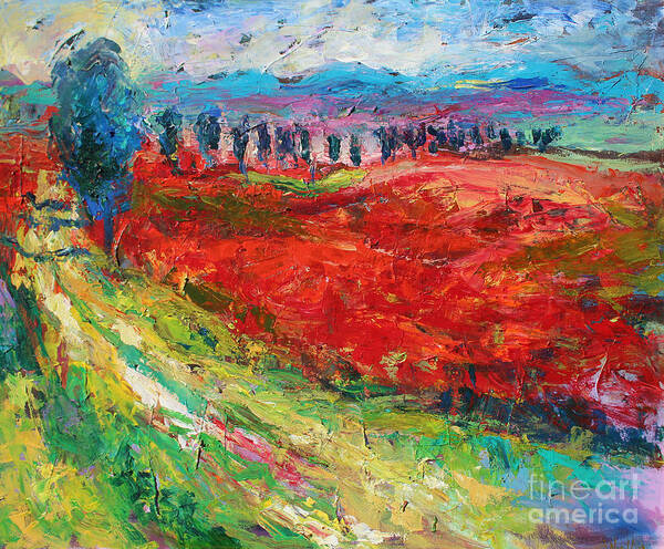 Tuscany Poppy Field Landscape Art Print featuring the painting Tuscany italy landscape poppy field by Svetlana Novikova