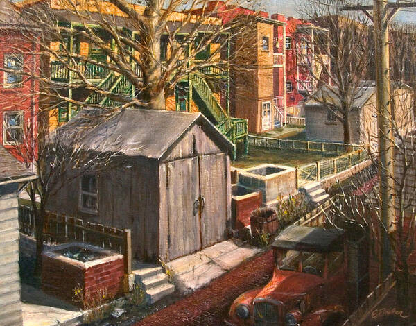 Cityscape Cityart City Alley Garages  Truck Ashpits Backyards Art Print featuring the painting Alley with Ashpits #1 by Edward Farber