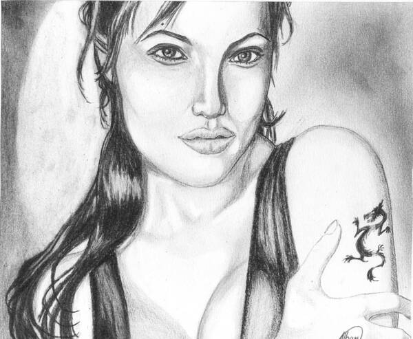 Portrait Art Print featuring the drawing Angelina Jolie Portrait #1 by Alban Dizdari