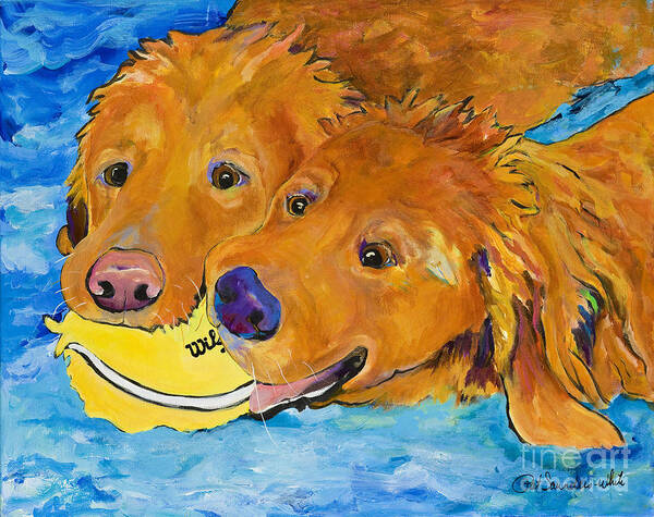 Golden Retriever Art Print featuring the painting Double Your Pleasure #1 by Pat Saunders-White
