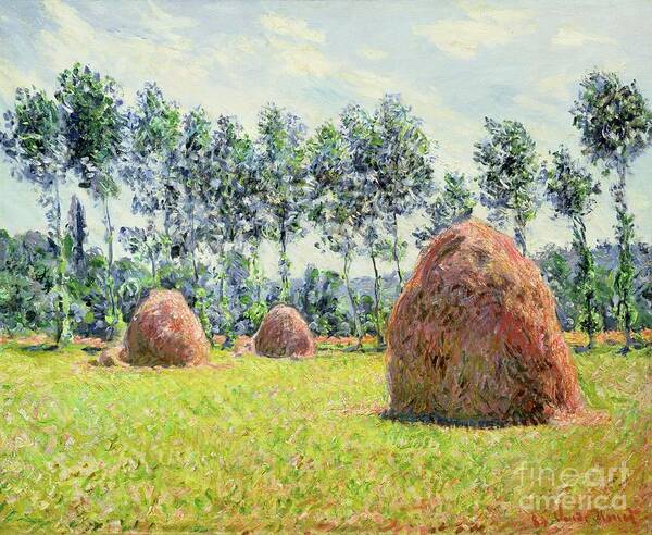 Haystacks At Giverny Art Print featuring the painting Haystacks at Giverny by Claude Monet