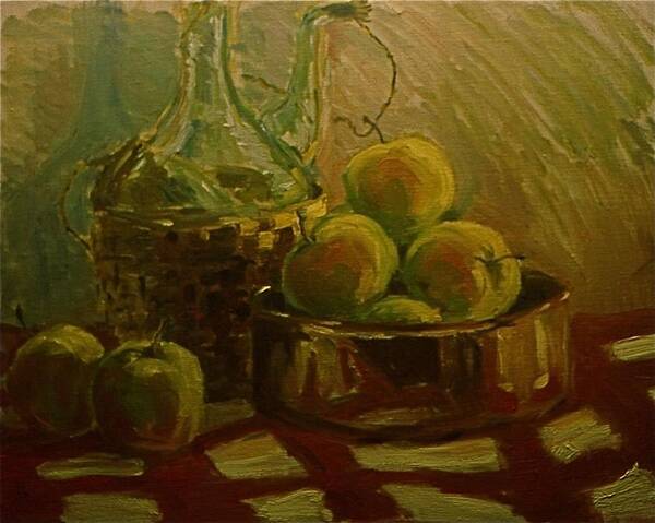 Realistic Still Life Paintings And Cards Fruit Paintings And Cards Bottle Paintings And Cards Teapot Paintings And Cards Flower Paintings And Cards Paintings Art Print featuring the painting Red Checkered Table Cloth #1 by Chris Riley