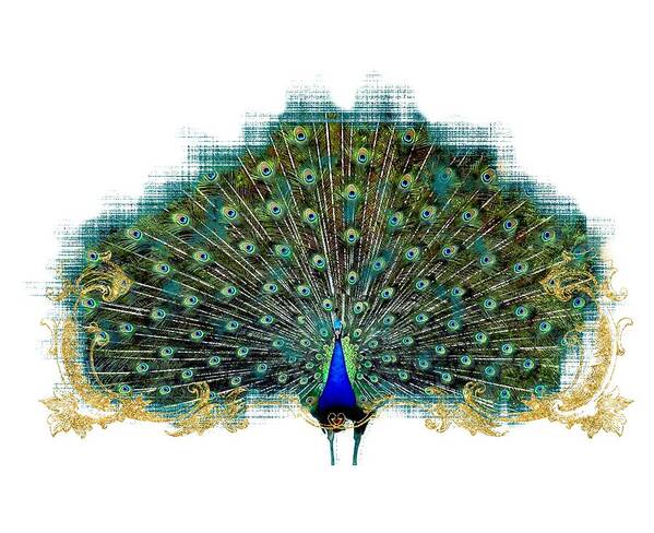 Peacock Art Print featuring the mixed media Scroll Swirl Art Deco Nouveau Peacock w Tail Feathers Spread #1 by Audrey Jeanne Roberts