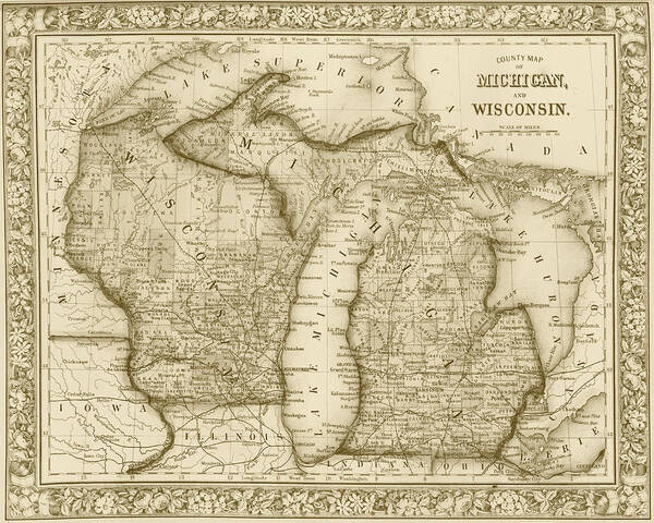 1800s Art Print featuring the digital art 1800s Historical Michigan and Wisconsin Map Sepia by Toby McGuire