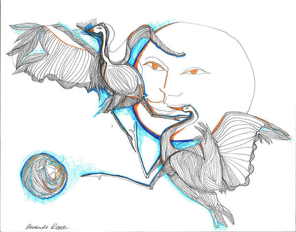 Moon Art Print featuring the drawing 2 Birds Playing with the Sun while the Moon watches Jealously by Rosalinde Reece