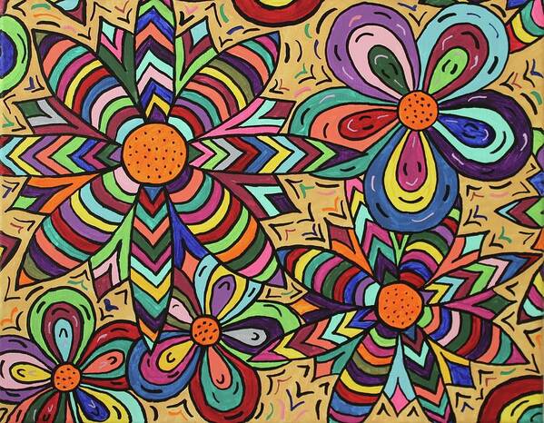 Black Art Print featuring the painting Flower Power #3 by Susie WEBER