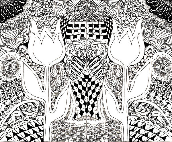 Tulips Flowers Pen And Ink Drawing Zentangles Doodles Fabric Design Art Print featuring the tapestry - textile 2 Tulips by Ruth Dailey