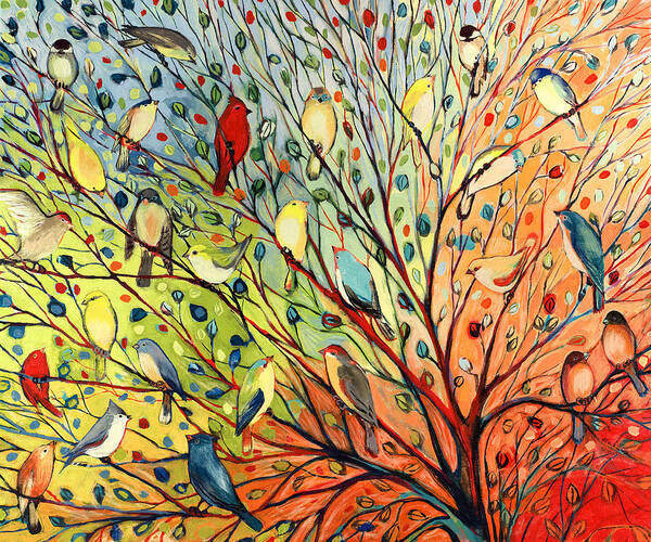 Bird Tree Rainbow Red Green Blue Peach Cardinal Chickadee Sparrow Robin Friends Art Print featuring the painting 27 Birds by Jennifer Lommers