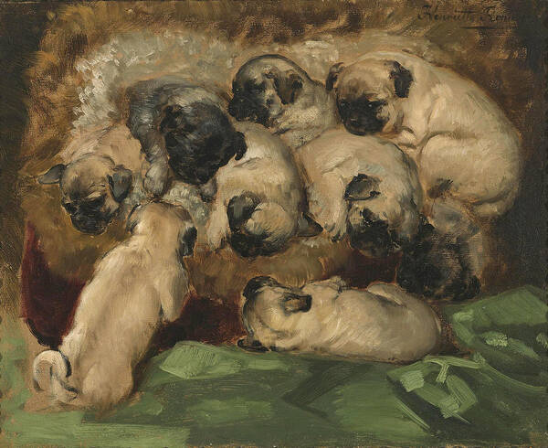 Henriette Ronner-knip Art Print featuring the painting A Litter of Pugs by Henriette Ronner-Knip