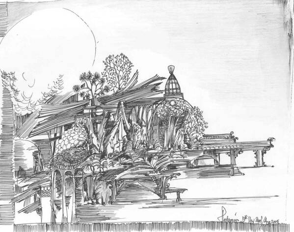 Landscape Art Print featuring the drawing A temple a building and some trees by Padamvir Singh
