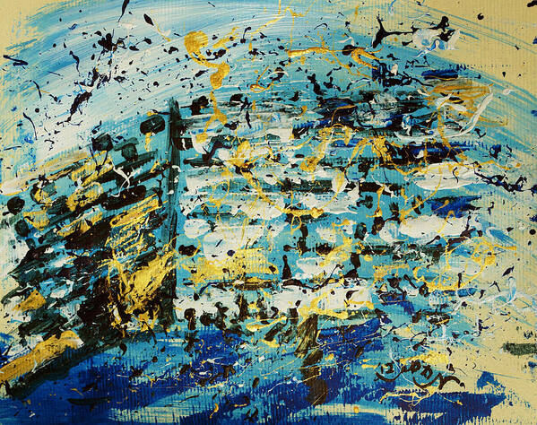 Spiritual Art Print featuring the painting Abstract Contemporary Western Wall Kotel Prayer Painting with Splatters in Blue Gold Black Yellow by M Zimmerman