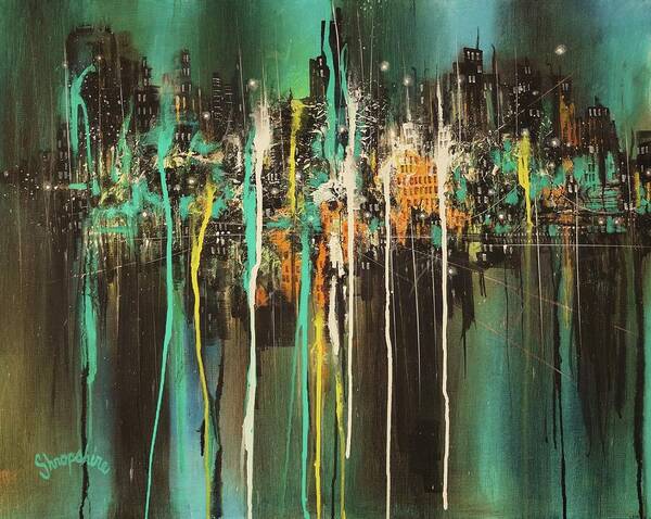 Semi-abstract; City Lights; City At Night; Tom Shropshire Paintings; Impressionistic; Night Lights; Cityscape; Urban Landscape Art Print featuring the painting Across The Bay by Tom Shropshire