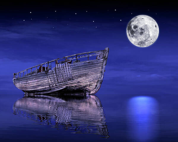 Old Fishing Boat Art Print featuring the photograph Adrift in The Moonlight - Old Fishing Boat by Gill Billington