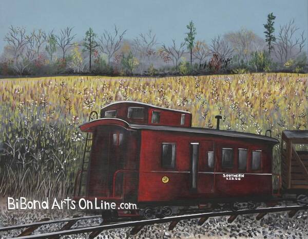 Caboose Passing Through The Fields Art Print featuring the painting All Aboard by Virginia Bond