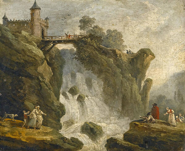 Hubert Robert Art Print featuring the painting An Artist sketching with other Figures beneath a Waterfall by Hubert Robert