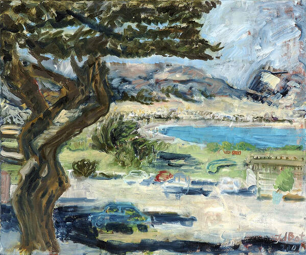 Tree Bay Leaves Shadow Cars Parking Place Hills Bushes Heat Art Print featuring the painting Apollo Bay by Joan De Bot