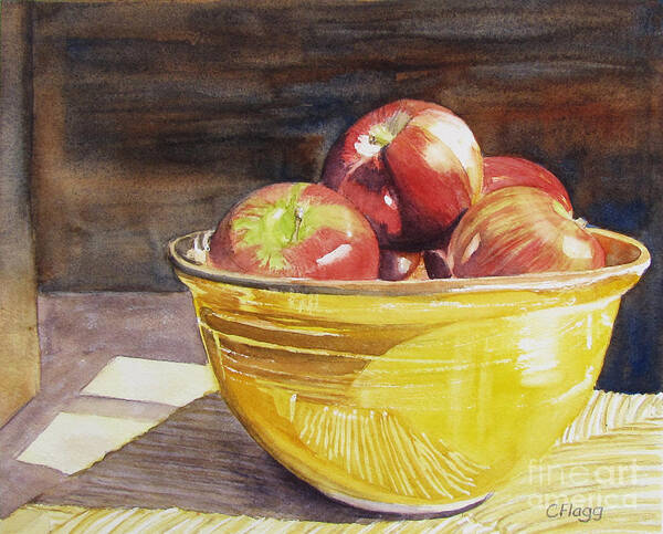 Original Watercolor Art Print featuring the painting Apples in Yellow Bowl by Carol Flagg