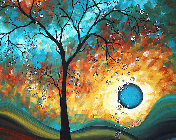 Art Painting Landscape Abstract Contemporary Painting Original Art Madart Licensing Licensor Modern Fine Art Buy Print Surreal Sun Fun Colorful Upbeat Lifestyle Brand Whimsical Tree Yellow Tan Cream Teal Aqua Turquoise Blue Circles Landscape Rust Yellow Brown Art Print featuring the painting Aqua Burn by MADART by Megan Aroon