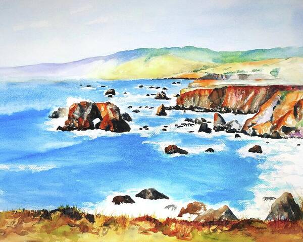 Ocean Art Print featuring the painting Arched Rock Sonoma Coast California by Carlin Blahnik CarlinArtWatercolor
