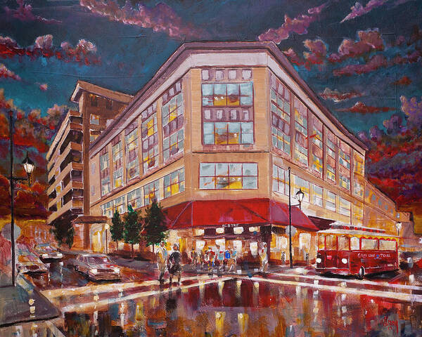 Asheville Art Print featuring the painting Asheville Cityscape at Battery Park Haywood Park Hotel by Gray Artus
