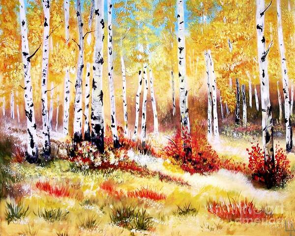 Aspen Art Print featuring the painting Autumns Gold by Leslie Allen