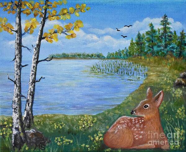 Deer Art Print featuring the painting Baby Fawn in Spring by Monika Shepherdson