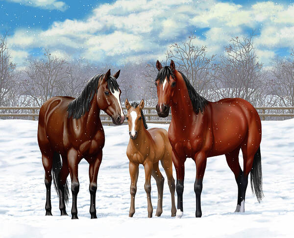 Horses Art Print featuring the painting Bay Horses In Winter Pasture by Crista Forest