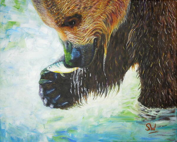 Painting Art Print featuring the painting Bear Fishing by Shirley Wellstead
